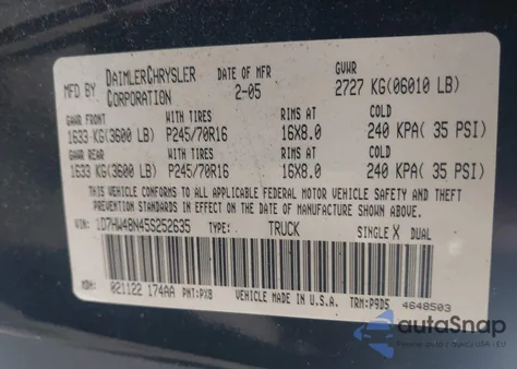 2005 Dodge Dakota Slt z USA, uszkodzony, nr VIN 1D7HW48N45S252635